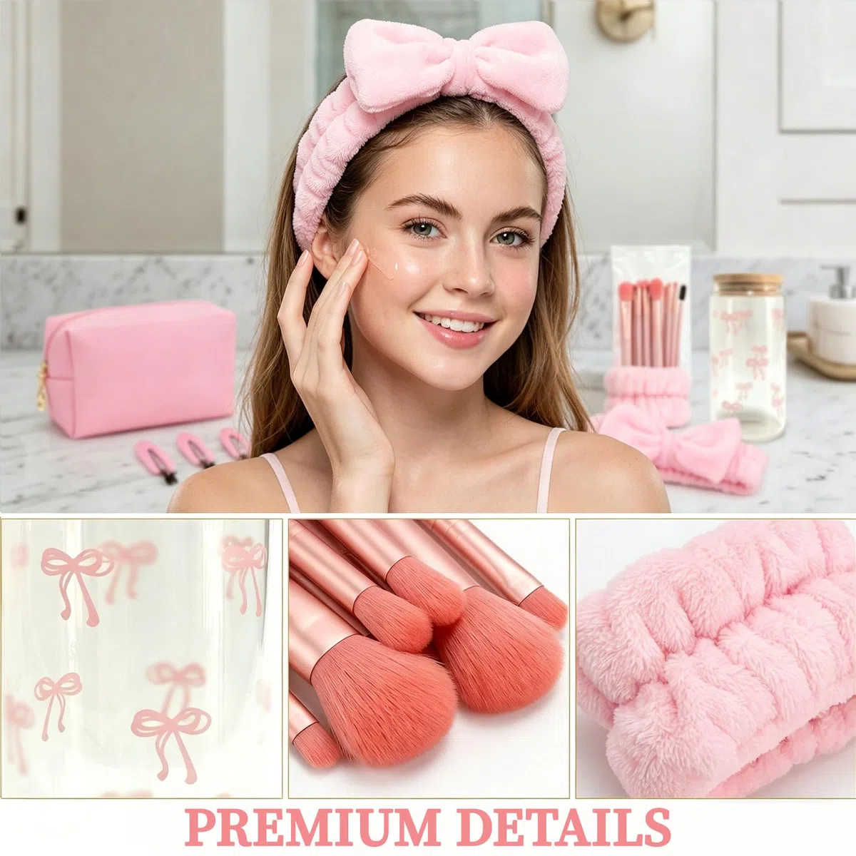 rosa Caja de regalo para niñas adolescentes 9-16 años, set de regalos de cumpleaños con vaso de vidrio, pajita, tapa, brochas de maquillaje, neceser, horquilla, conjunto de diademas