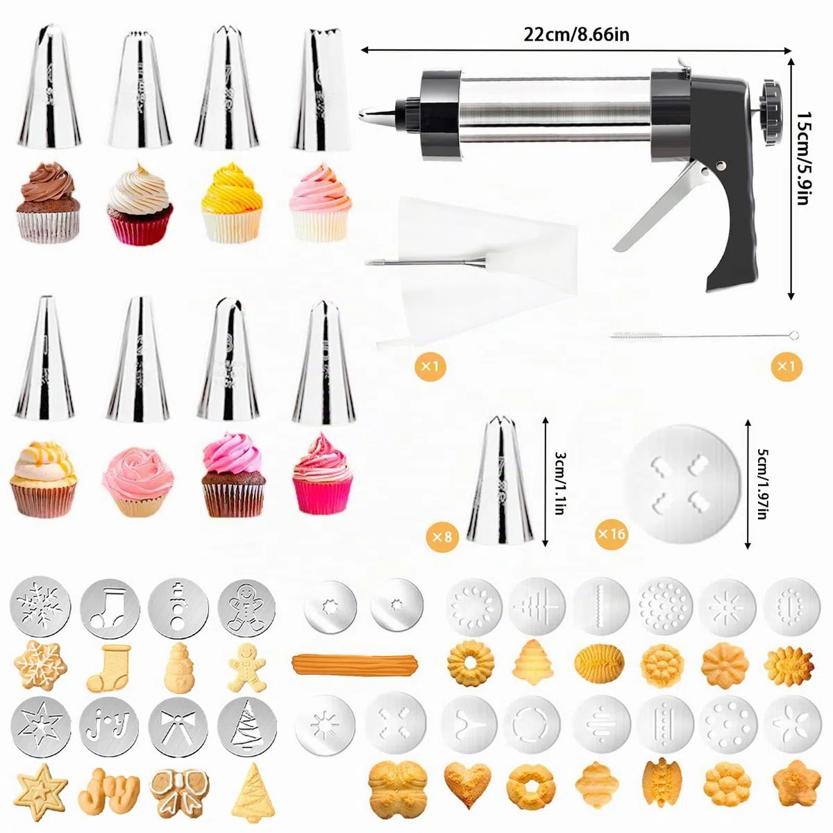 XSYKJGS Biscuit Maker, Máquina Galletas Molde para Repostería con 16 Moldes De Disco y 8 Boquillas Prensa, bolsa con marco de TPU y cepillo de limpieza para DIY Elaboración de Galletas de Pasteles