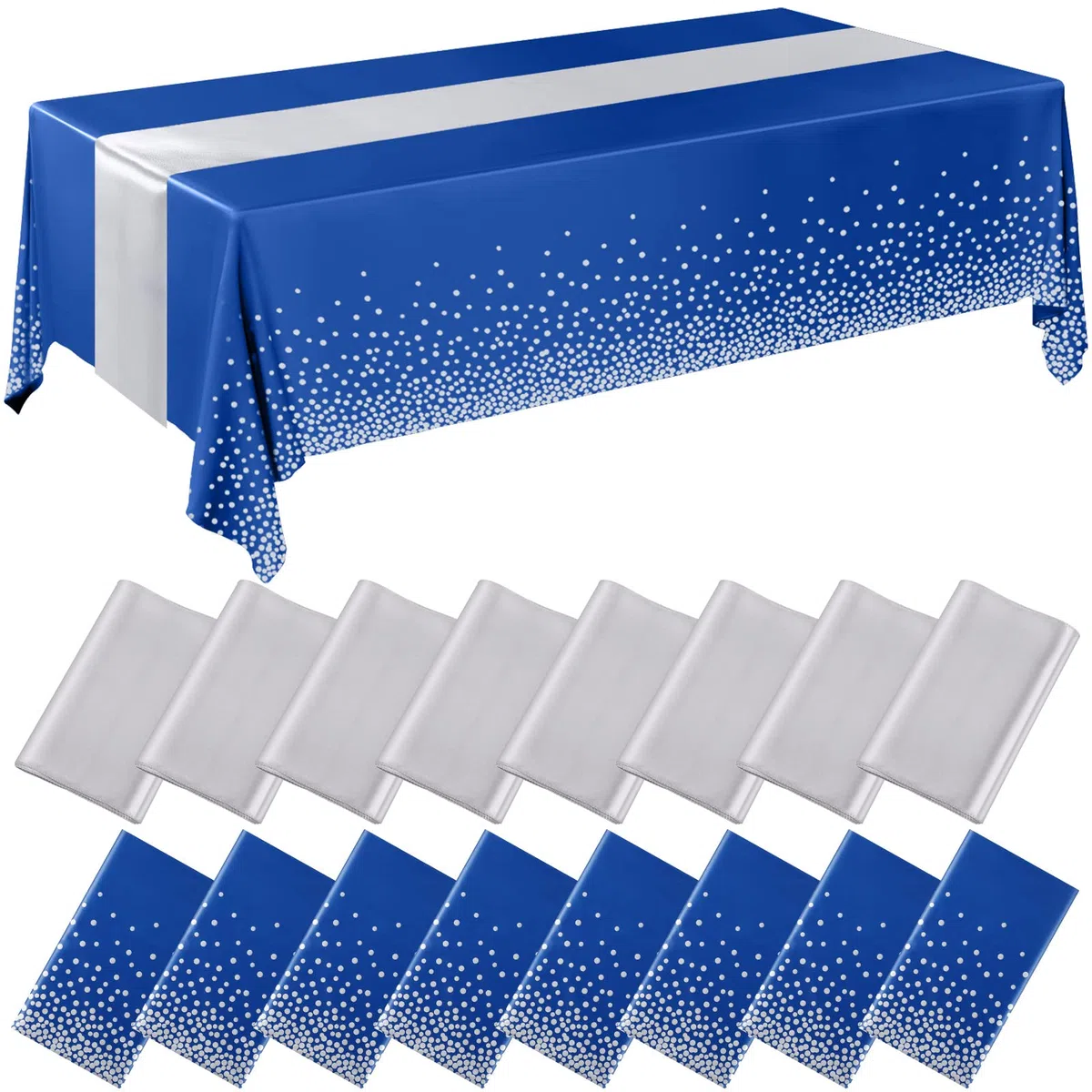 Tudomro 16 manteles desechables de plástico rectangular de 54 x 108 pulgadas con camino de mesa de satén de 12 x 108 pulgadas para decoración de bodas, fiestas de cumpleaños (plateado y azul oscuro)