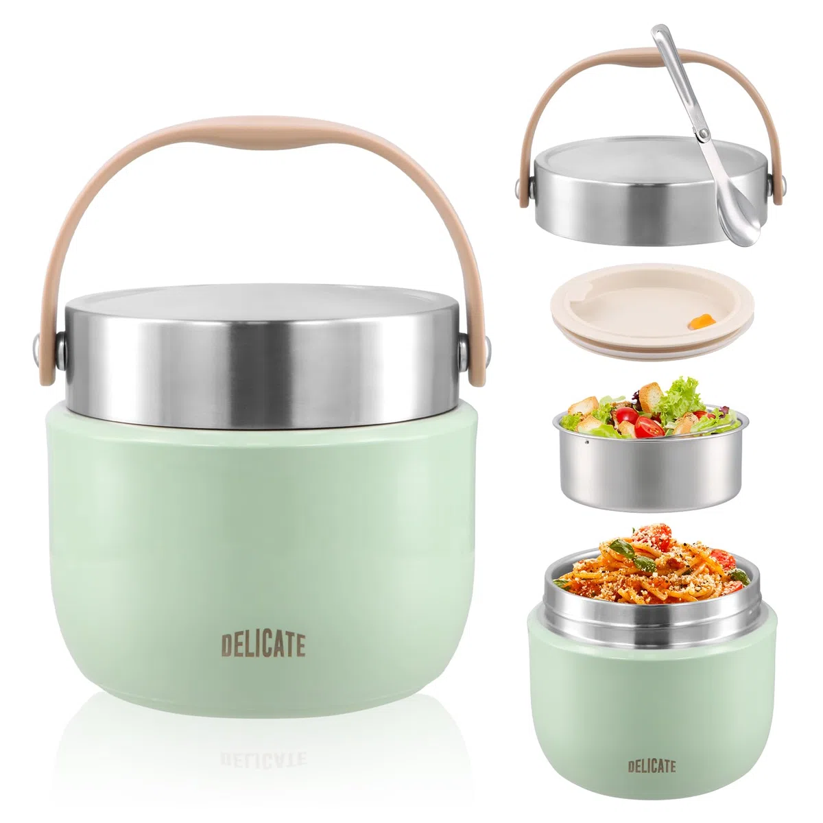 volumoon Recipiente Térmico para Comida 1200ml, Acero Inoxidable con Cuchara Plegable, Fiambrera Térmica con Compartimento y Tapa Hermética, Ideal para Sopa, Papilla, Oficina, Escuela, Viajes (Verde)
