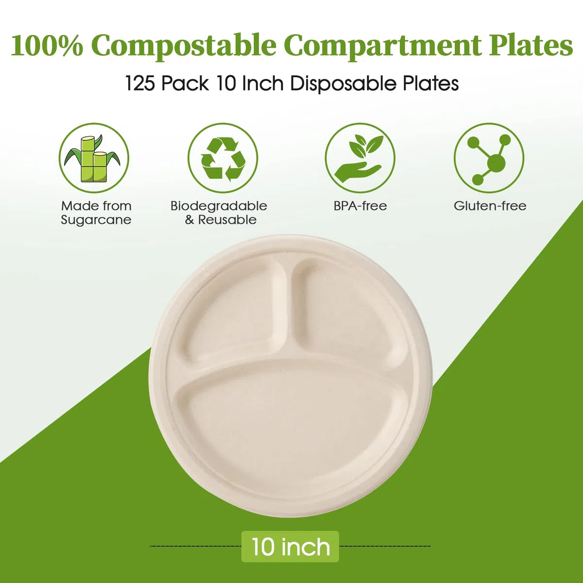 ECOLipak Paquete de 125 platos desechables de 3 compartimentos, platos de papel compostables de 10 pulgadas, platos de papel biodegradables resistentes hechos de fibras de caña de azúcar ecológicas