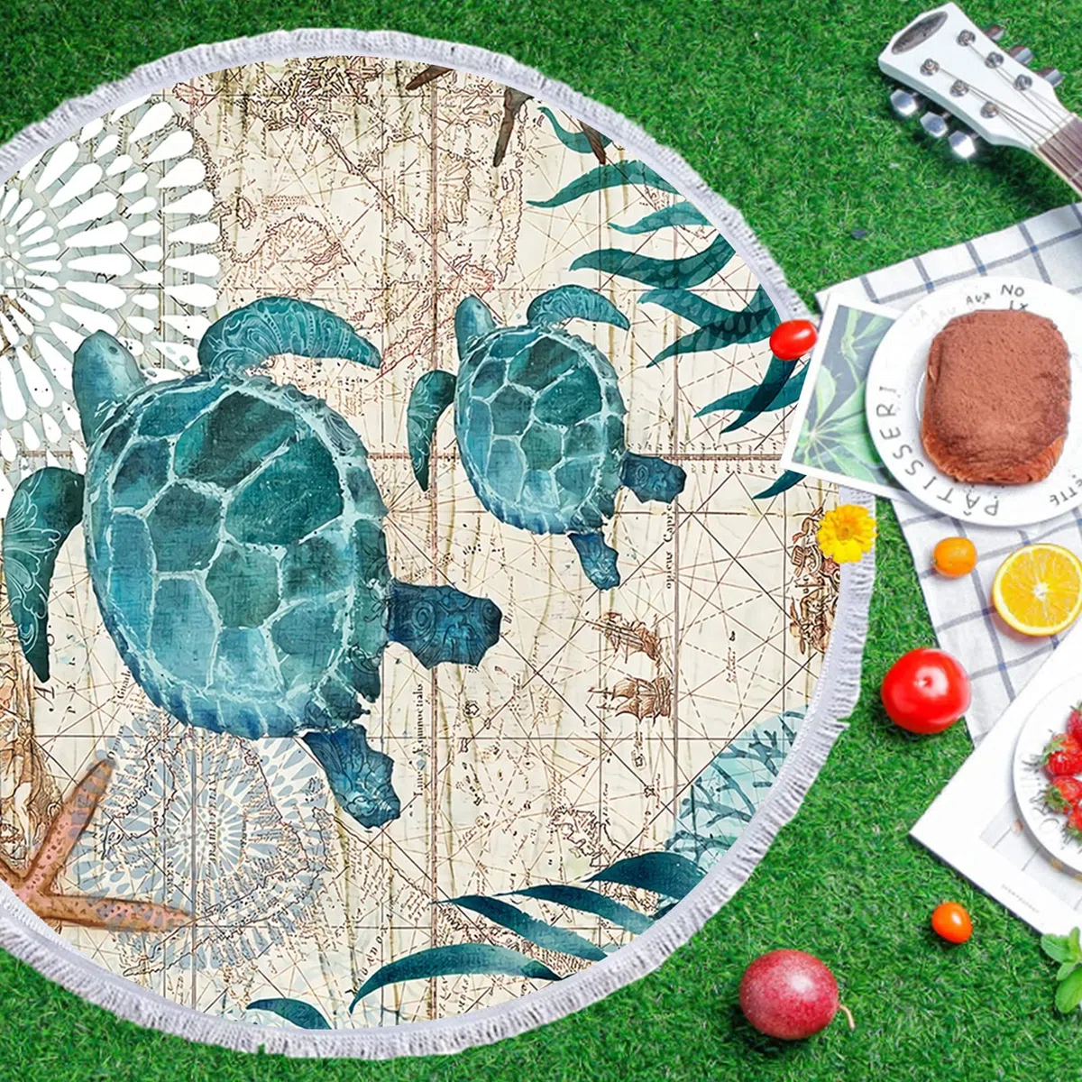 Toalla de playa redonda, toalla de playa de microfibra de tortuga marina para manta de playa, toalla de baño, esterilla de yoga, manta de camping, manta de picnic,150 cm (azul tortuga 1)