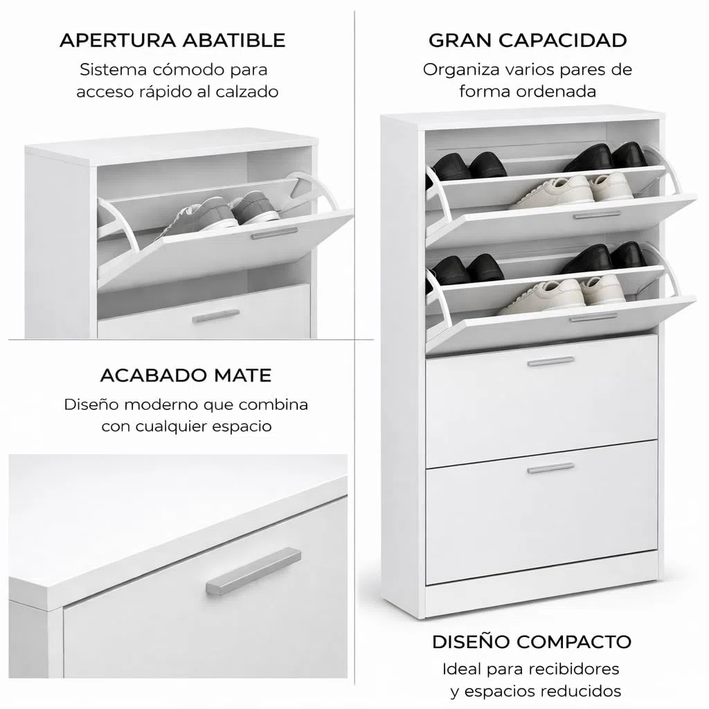 Acomoda Textil - Zapatero 3 Niveles de Madera, Amplio, Resistente y de Fácil Instalación 60x24x115 cm. Organizador de Zapatos Moderno, Fácil Montaje y Robusto. (Blanco)