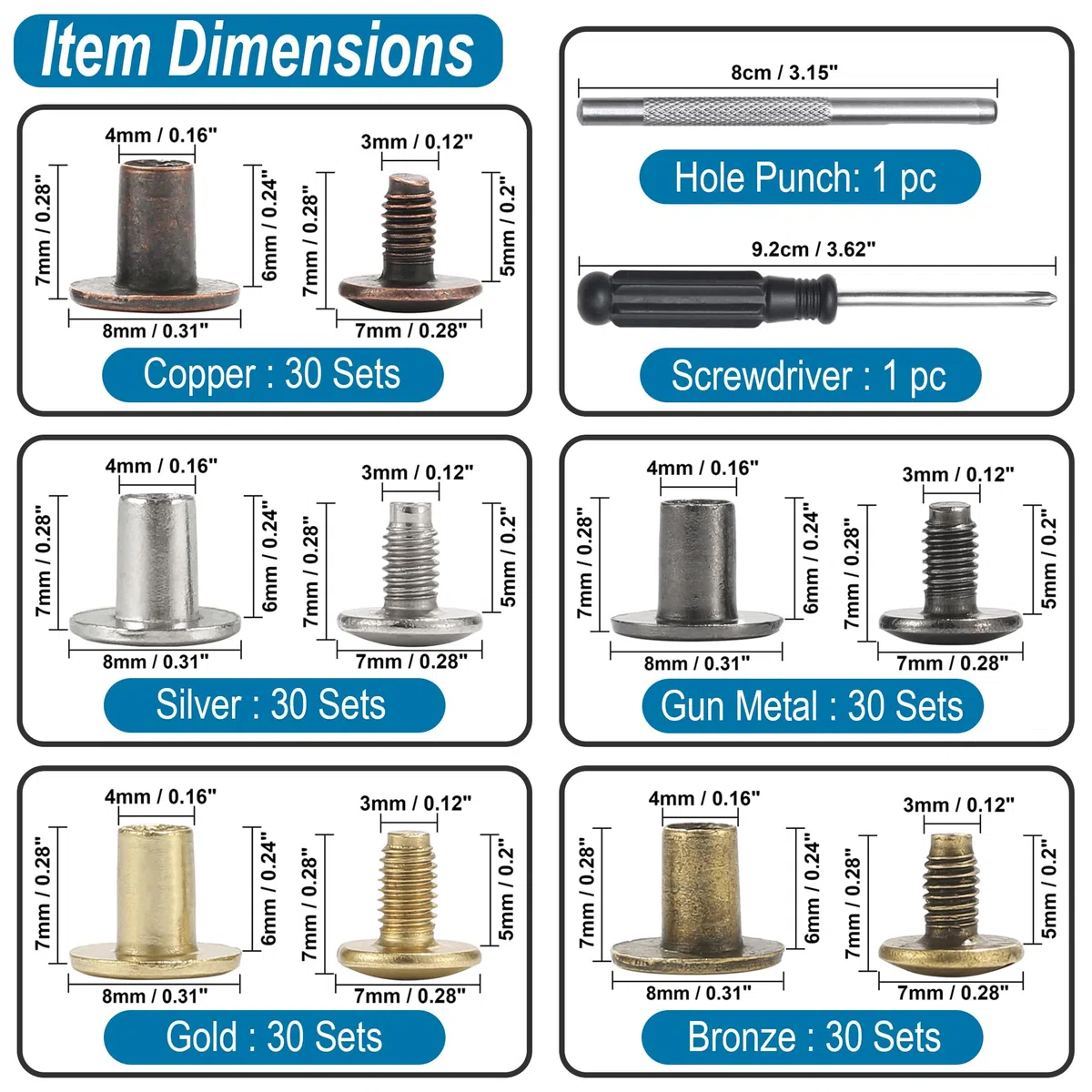 YORANYO 150 juegos de tornillos Chicago de 8 mm, remaches de cuero para tela, tornillos de encuadernación Chicago, botones de metal para decorar y reparar cinturones, bolsos, zapatos, bolsos, collares