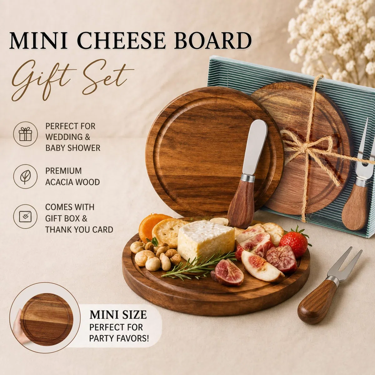Maxcheck Juego de 6 juegos de premios de juego de novia para baby shower, juego de mesa redonda de queso, mini tabla de embutidos de madera con cuchillos y tenedores, tarjeta de agradecimiento a