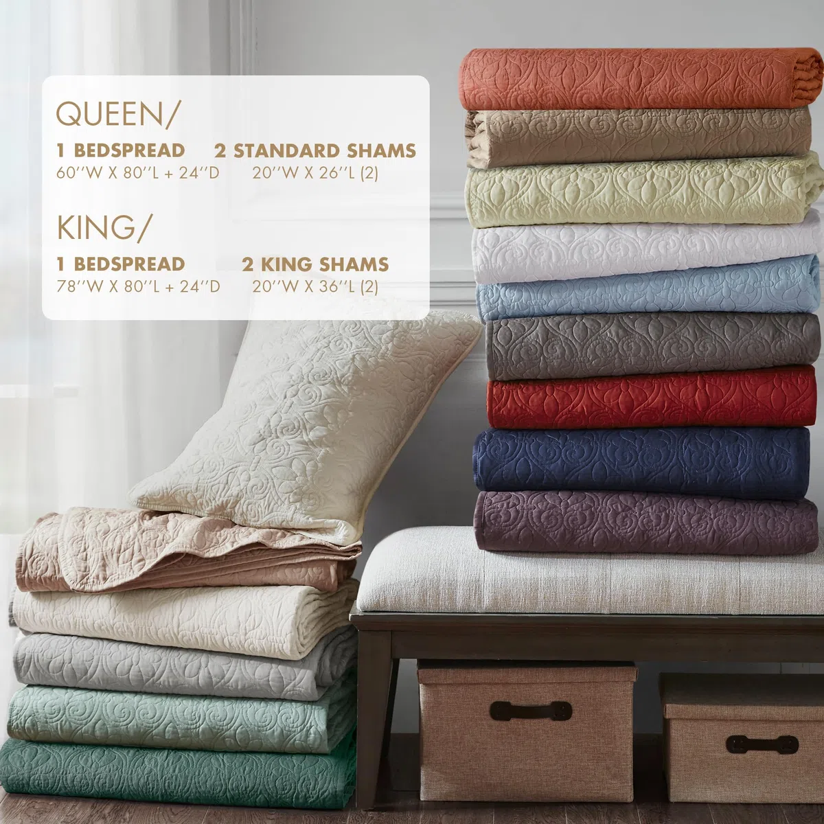 Madison Park Quebec - Colcha Acolchada de Esquina Dividida, diseño clásico Tradicional para Todas Las Estaciones, Ligero, Juego de Ropa de Cama, Fundas a Juego, tamaño King (79 x 81 Pulgadas + 24 | Edredón de esquina dividida, ropa de cama para todas las