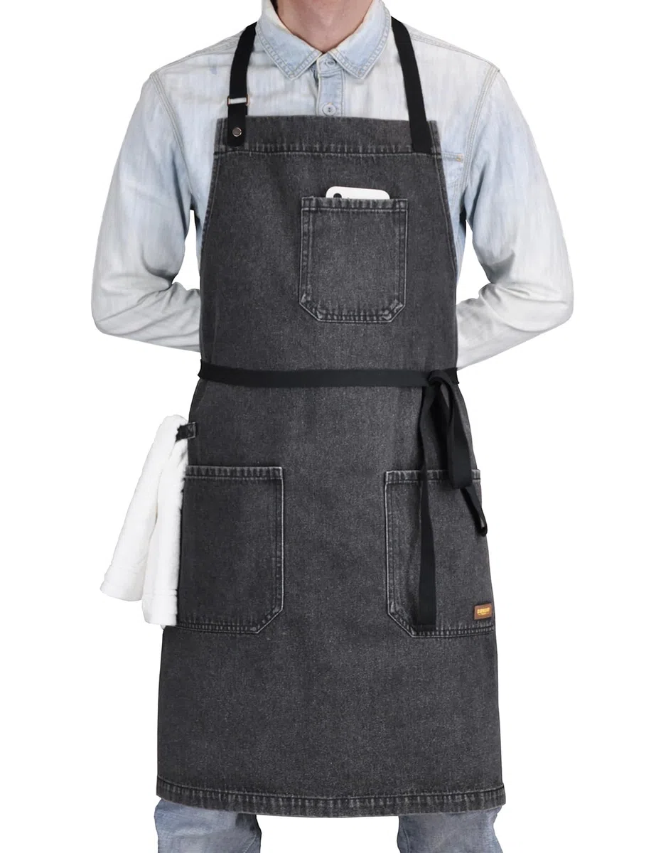 Delantal de chef profesional con bolsillos, delantal de mezclilla negro para cocina, cocina, parrilla, barbacoa, con lazo para toalla y correas ajustables para el cuello, Black Denim
