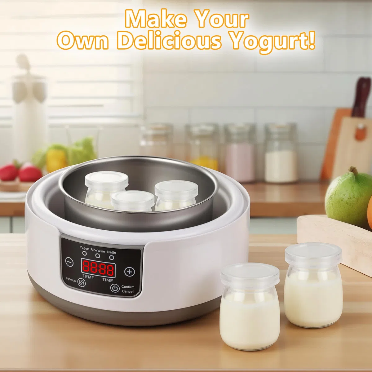 Euakee Yogurtera, Yogurtera Eléctricacon con 5 tarros de 100 ml de Capacidad, Termostato Regulable y Pantalla Digital, Ideales para la Preparación Casera de Yogur y Natto