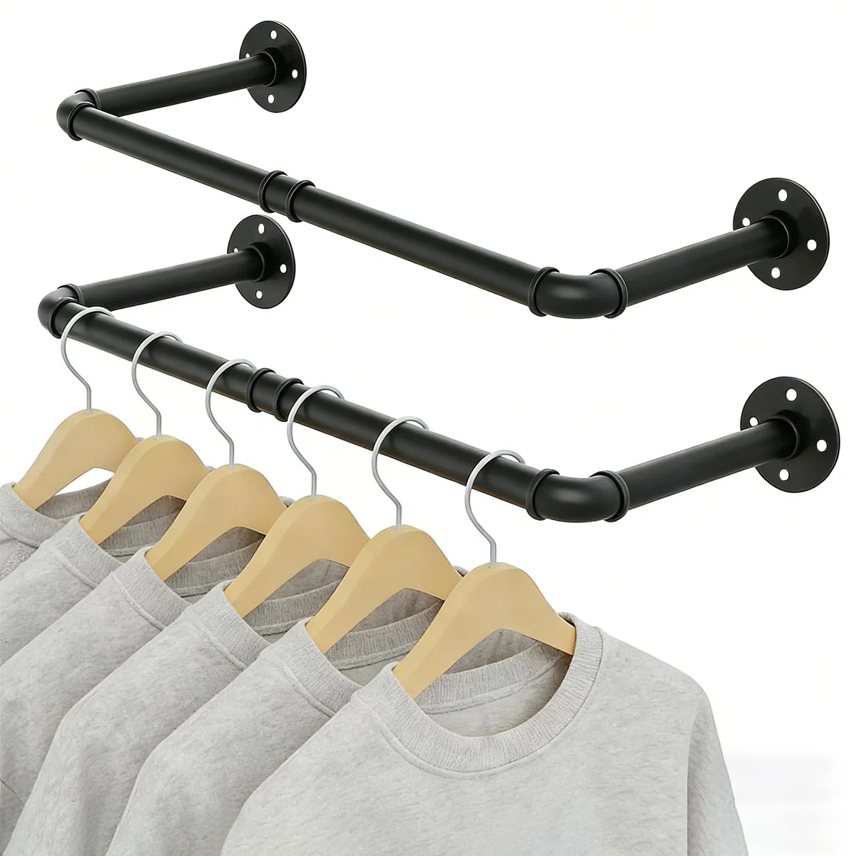 92cm Barra Appendiabiti da Parete, Set da 2, Attaccapanni da Muro per Tubo Industriale, Rimovibile Appendino, Salvaspazio, Robusto e Durevole, per Camere da Letto, Soggiorni, Armadi, Nero