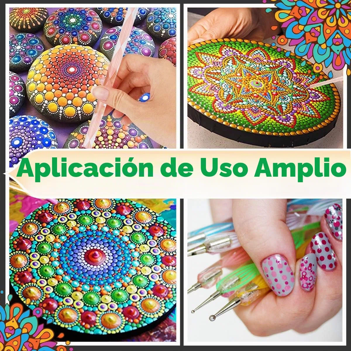 Kit Herramientas Puntillismo Mandala (Dotting Tools), Set para Pintar Piedras con Plantillas, Punzones y Pinceles. Estuche para Manualidades, Nail Art, Cerámica, Adultos y Niños, Idea de Regalo