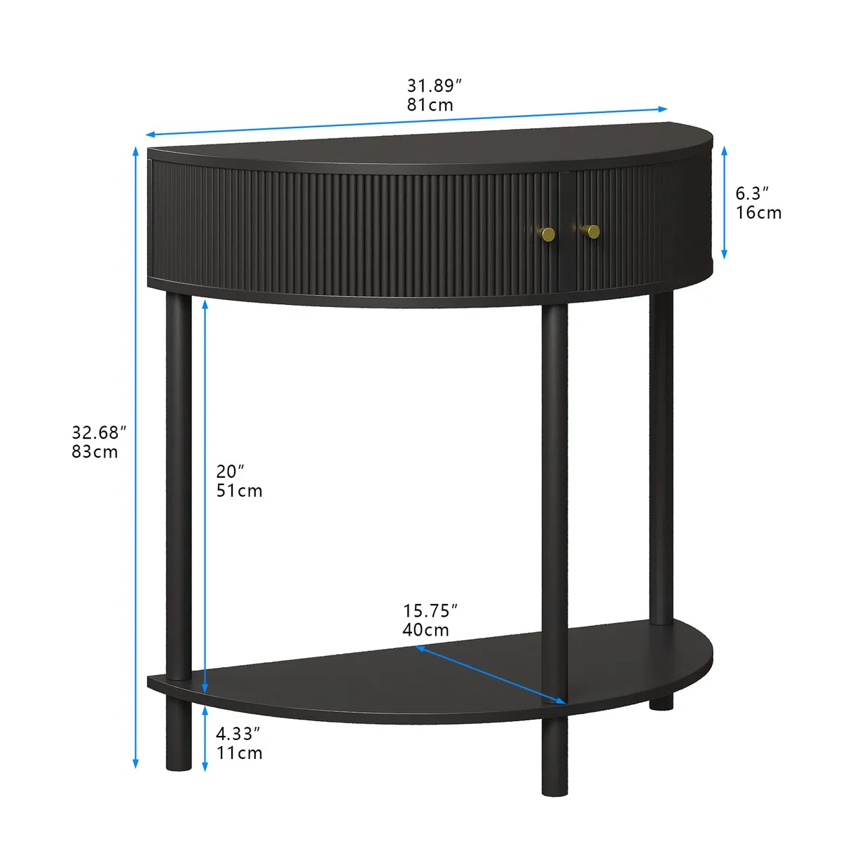 Trironsun Mesa de consola de media luna con espacio de almacenamiento, mesa de pasillo estrecha con 2 cajones, asas y estantes dorados, mesa auxiliar de madera boho para sala de estar, dormitorio o