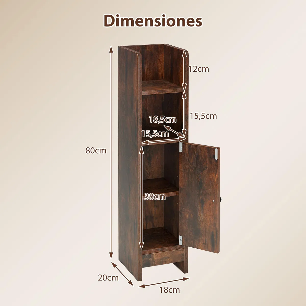 GIANTEX Armario Estrecho de Baño con Puerta, 4 Estantes de Almacenamiento, Estante Interior Ajustable, 18 x 20 x 80 cm, Mueble de Suelo para Baño, Salón, Dormitorio (Marrón)