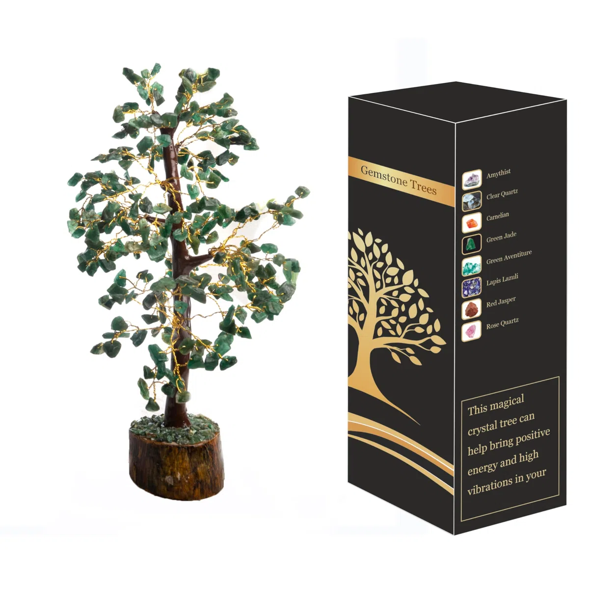 WC Arbre en Cristal de Jade Vert pour décorations d'intérieur à énergie Positive et arbre en Cristal de guérison Avec Joint en M et Fil doré | Arbre de Fortune | Décor de Cristal (300 Perles)