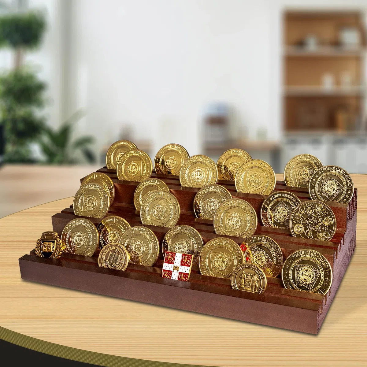 Estantería para Monedas de Madera Maciza - Expositor Militar 3 Niveles con 9 Filas Organizador de Colección para 55-80 Monedas, Decoración de Escritorio en Marrón Oscuro