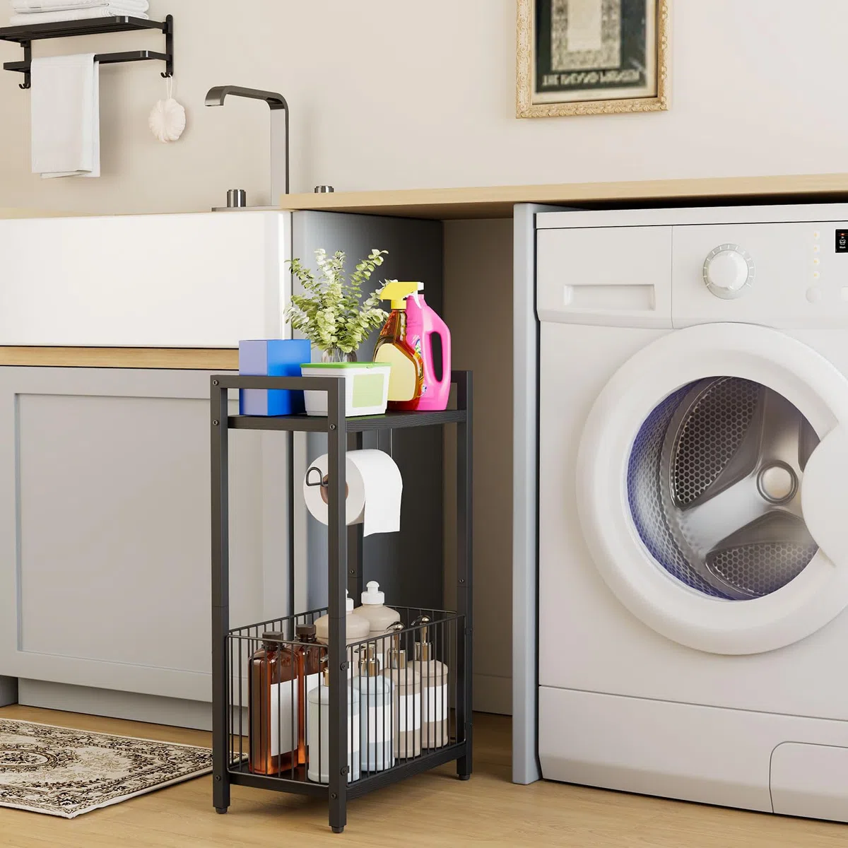 IBUYKE Soporte de papel higiénico independiente con estante de almacenamiento, dispensador de rollos de papel higiénico de baño con espacio adicional para rollos, revistas, toallitas húmedas, negro