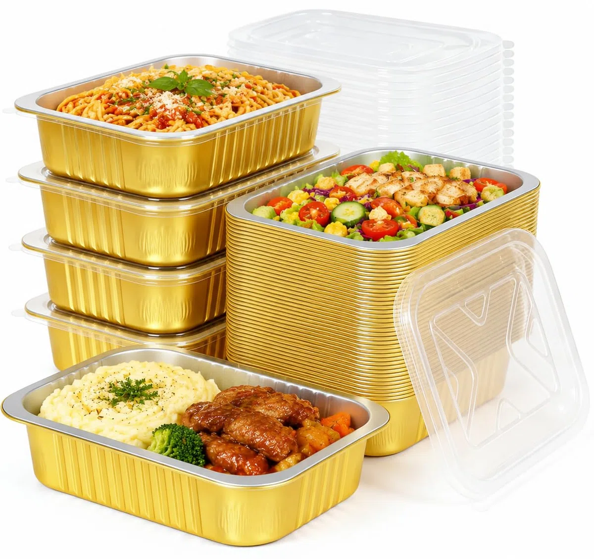 Paquete de 40 sartenes de aluminio resistentes doradas de 8.7 x 6 x 1.8 pulgadas con tapas, recipientes de papel de aluminio de 35 onzas/2.2 libras de capacidad con tapas, sartenes de aluminio