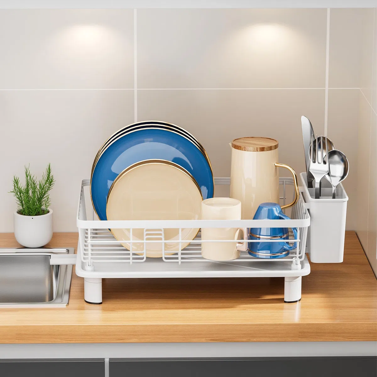 Escurreplatos Blanco Escurridor de Platos Acero Inoxidable Escurreplatos con Bandeja de Goteo Dish Drying Rack con Cesta para Cubiertos (Blanco, Pequeño)