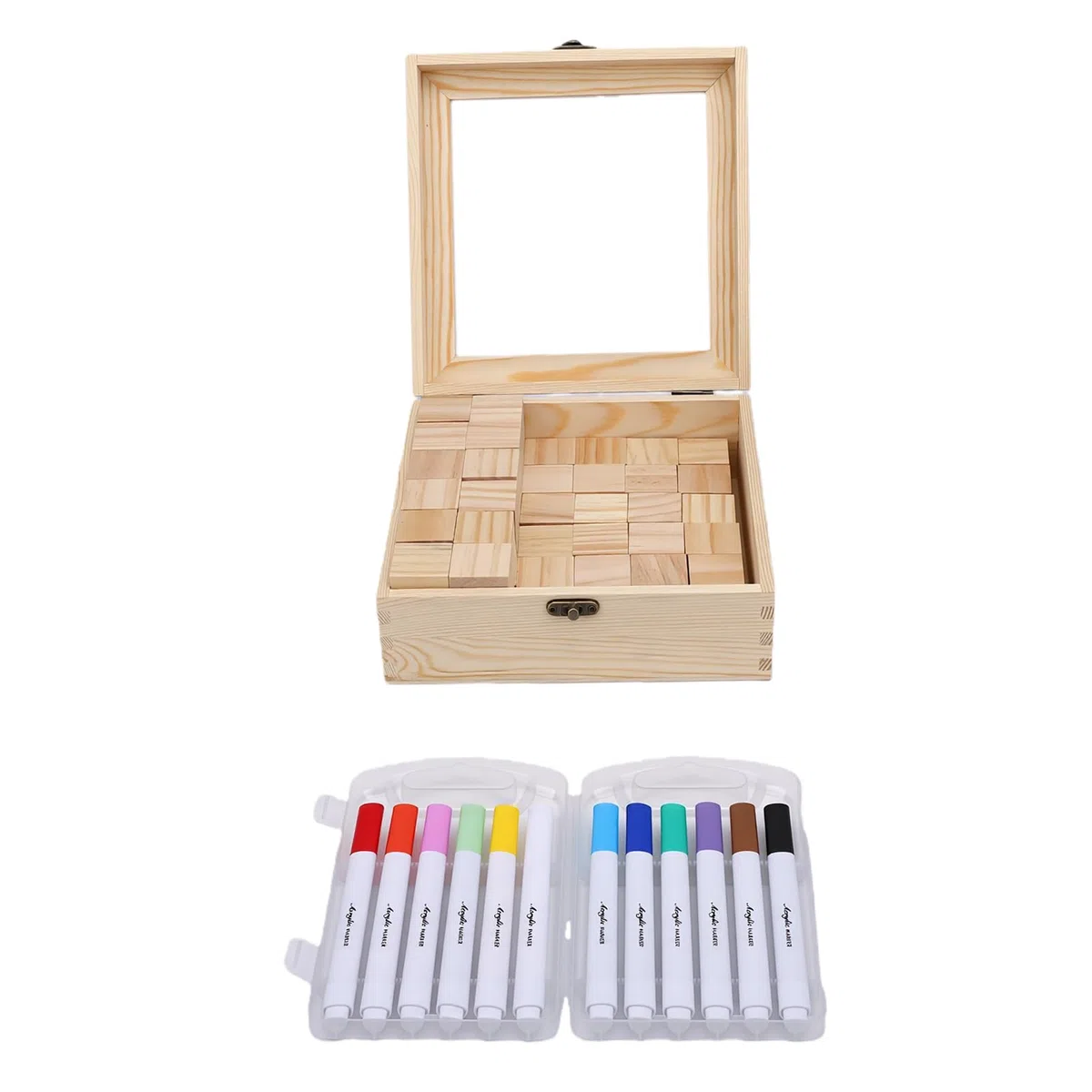 Brrnoo Juego de Bloques para Baby Shower con 48 Bloques de Madera, 12 Bolígrafos de Colores, 42 Plantillas, Caja de Madera para Fiesta de bebé, Revelación de Género, Celebración d