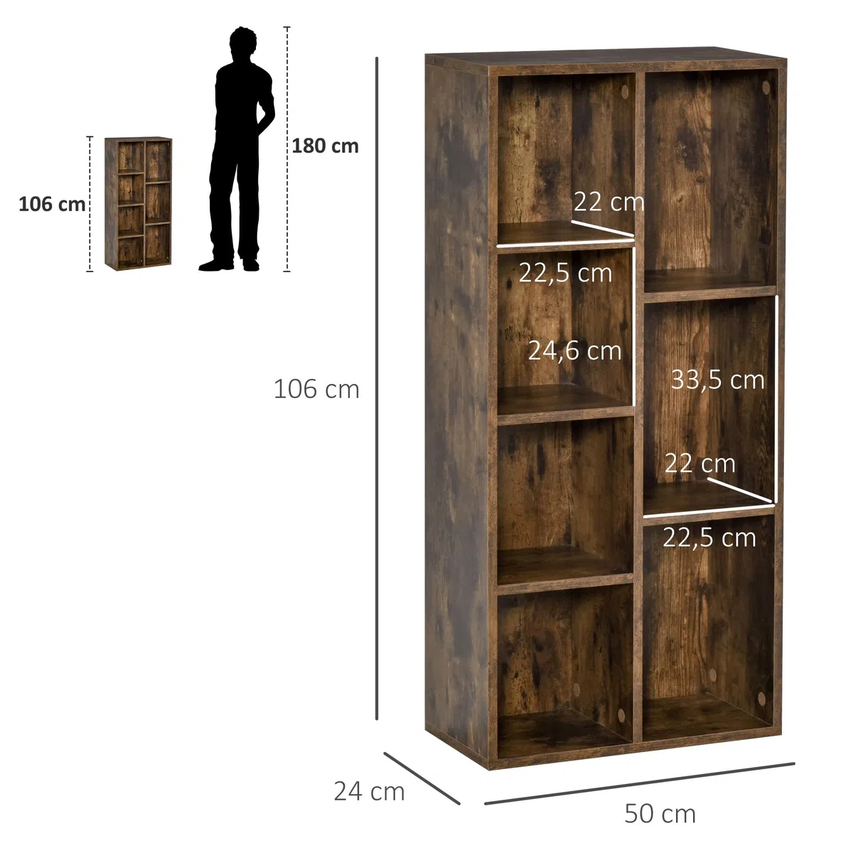 HOMCOM Estantería para Libros Librería de Madera con 7 Compartimentos de Almacenaje Plantas Archivos para Sala de Estar Dormitorio Oficina 50x24x106 cm Marrón Rústico