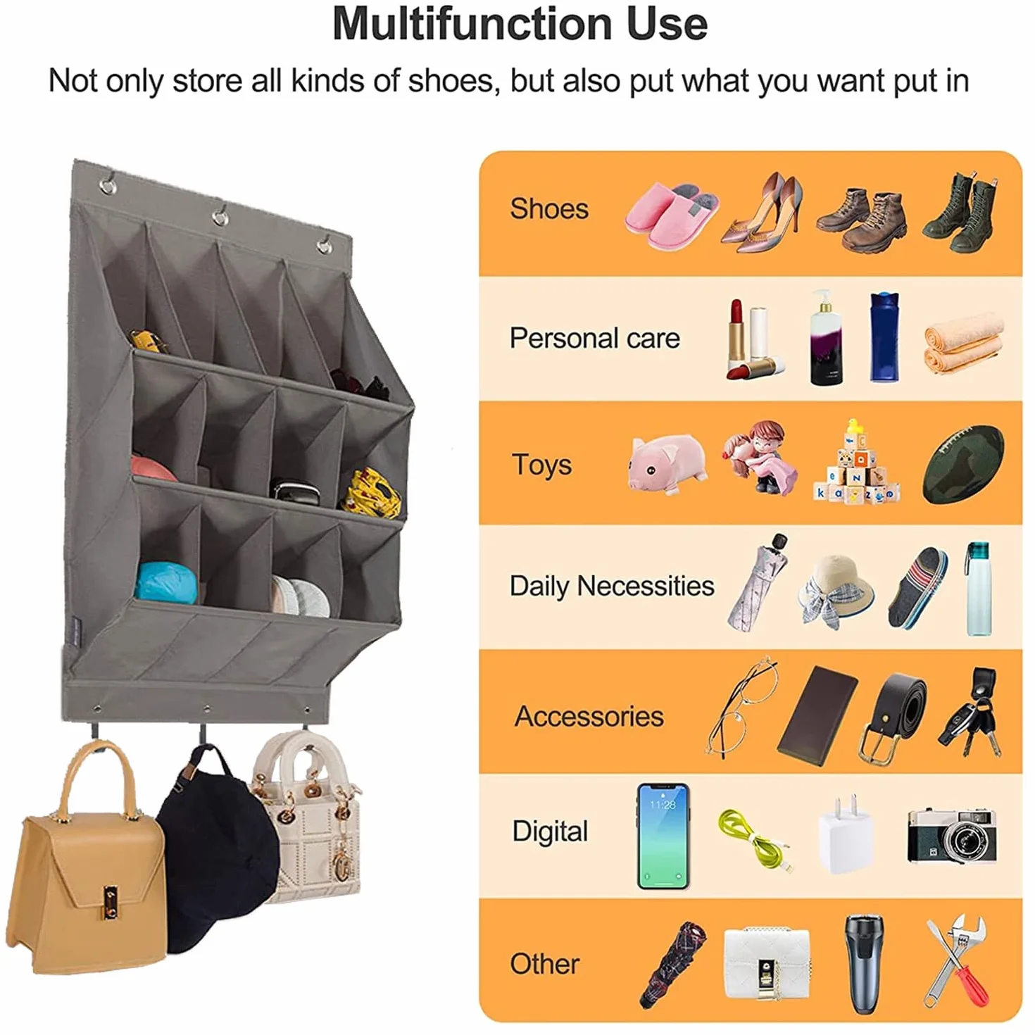 Organizador de zapatos sobre la puerta, paquete almacenamiento de zapatos colgantes, almacenamiento de varios compartimentos con 6 ganchos, zapatero para zapatos, accesorios(L)