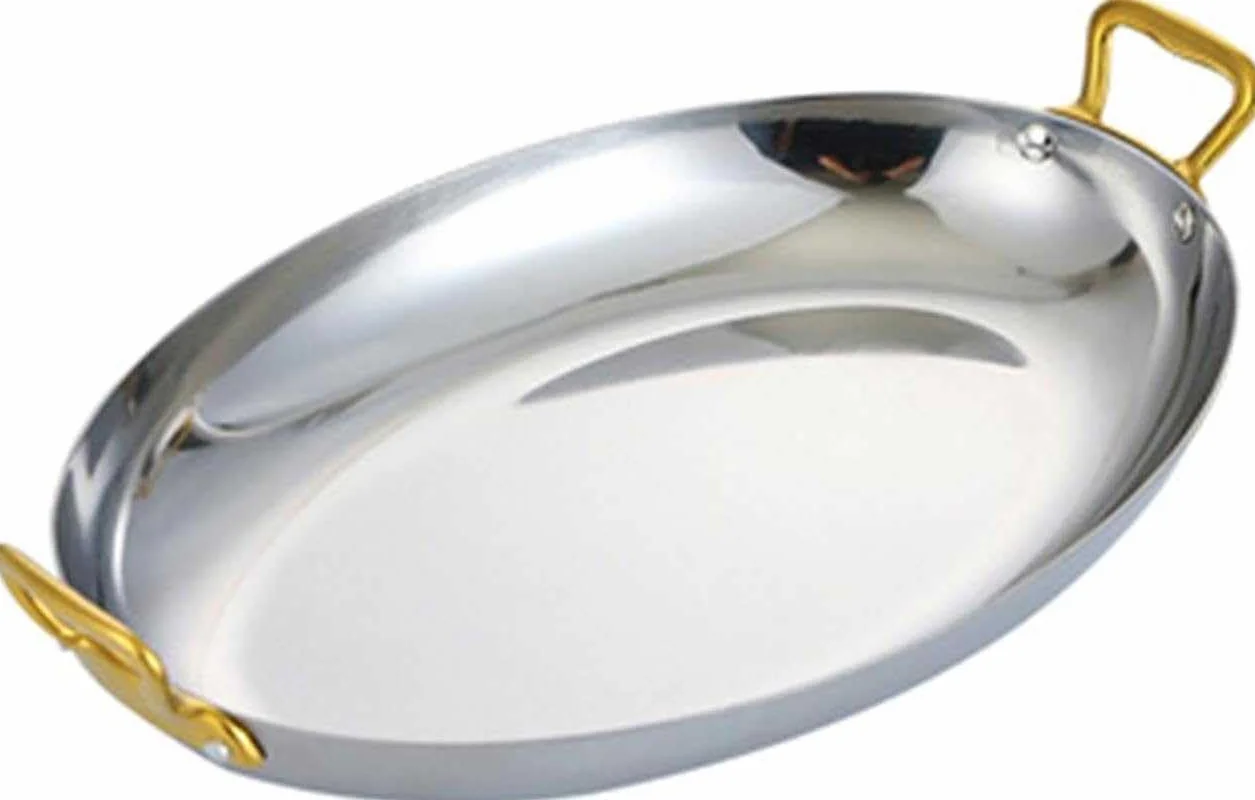 Plato ovalado de acero inoxidable con asas dobles para mariscos, carnes, postres, elegante bandeja para aperitivos, esencial para la cocina, acabado plateado, 25 cm