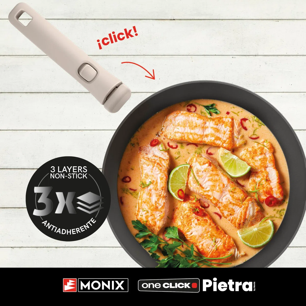 Monix One Click Pietra | Set 3 sartenes apilables, 20-24-26 cm, Antiadherentes, Mango desmontable, Indicador Temperatura Thermonix, Sin PFOA, Apta para todo tipo de Cocinas