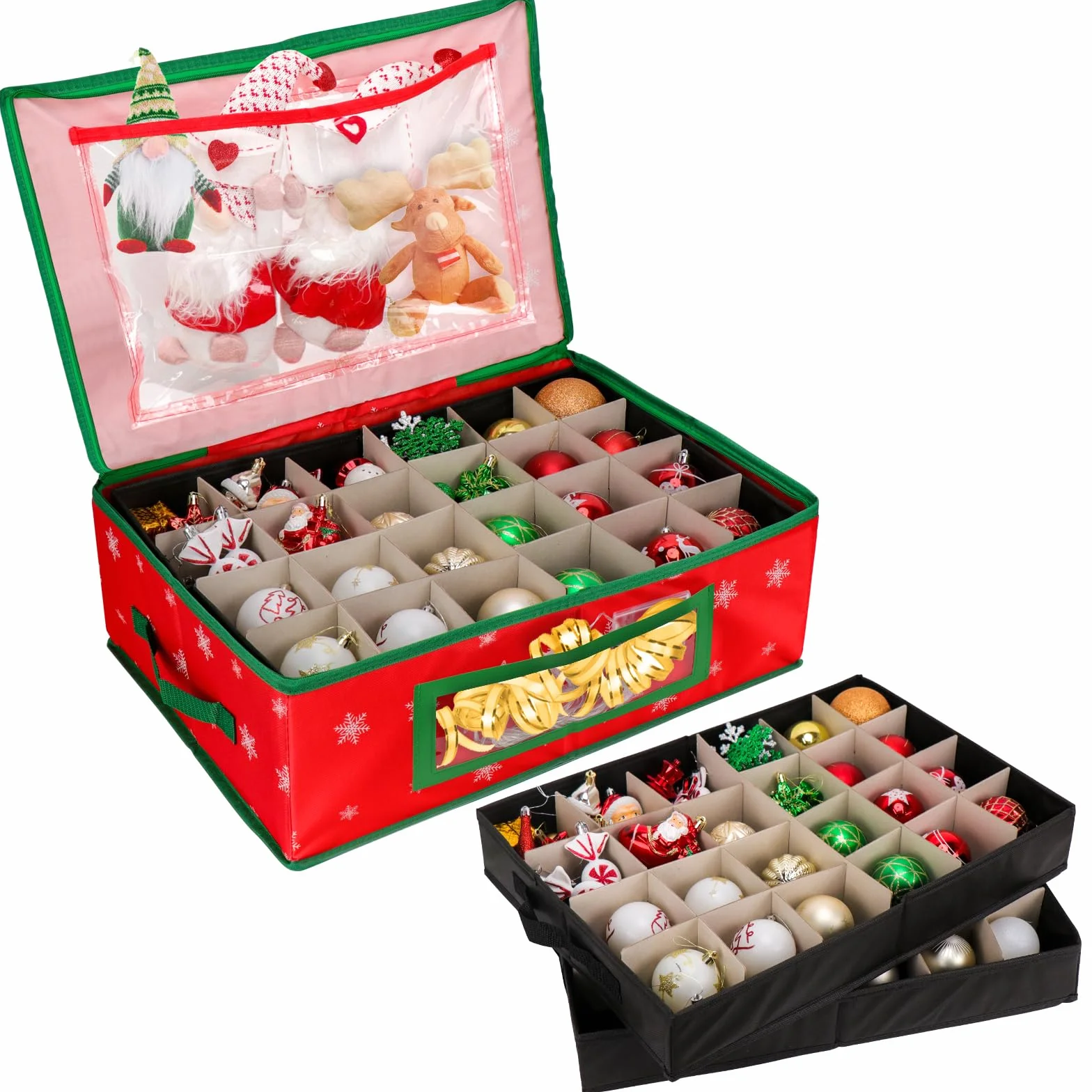 Hysagtek Caja de almacenamiento para bolas de Navidad con 2 niveles de almacenamiento para decoración navideña con 48 compartimentos, almacenamiento de adornos con tapa