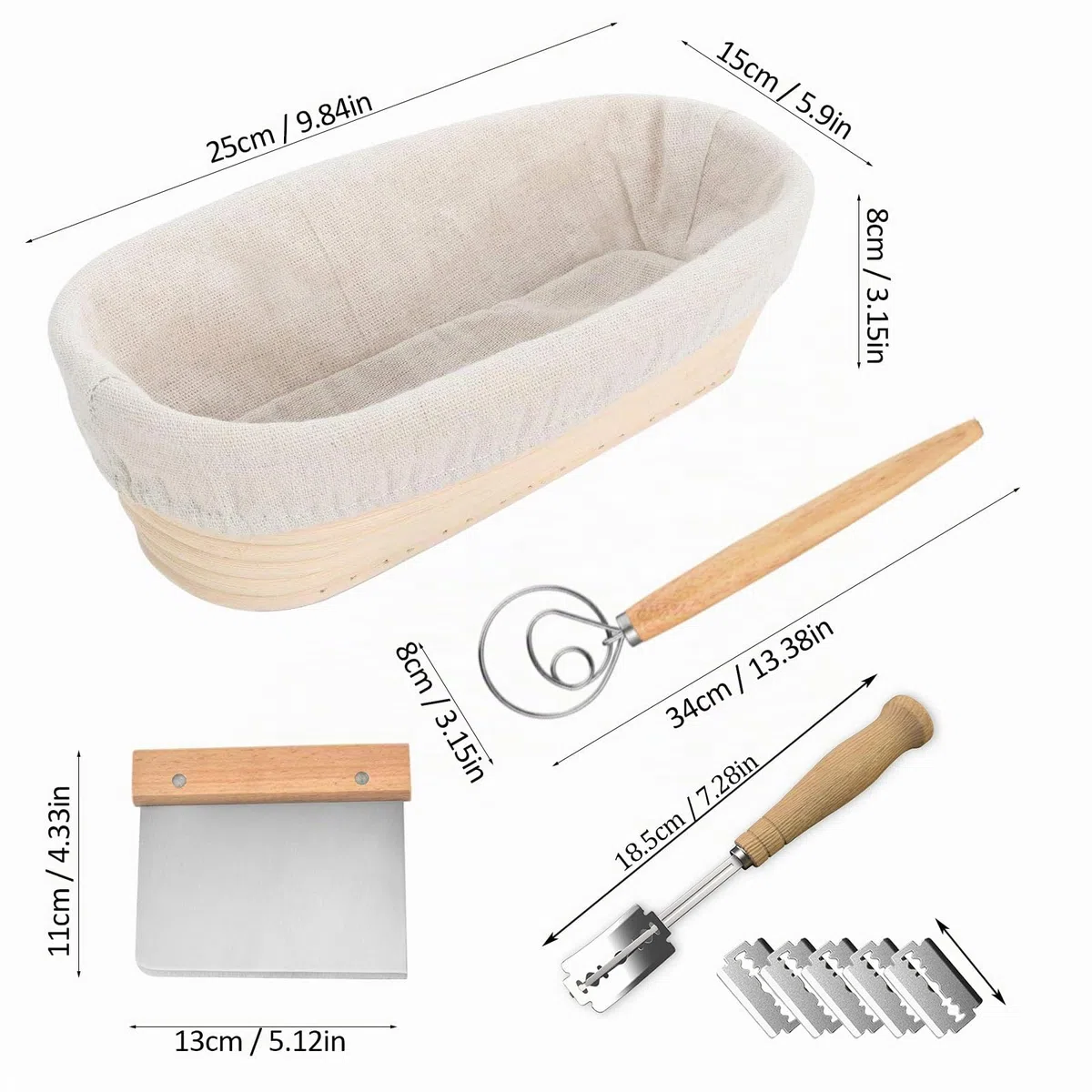 Cesta de Fermentación de Masas Ovalado,Ratán Natural,2 Piezas 12" Banneton Cuenco de Prueba,con Tela de Lino Panadero Antiadherente y un batidor de masa,para Hacer Baguettes,Pan,25*14*8.cm,Hasta 750g