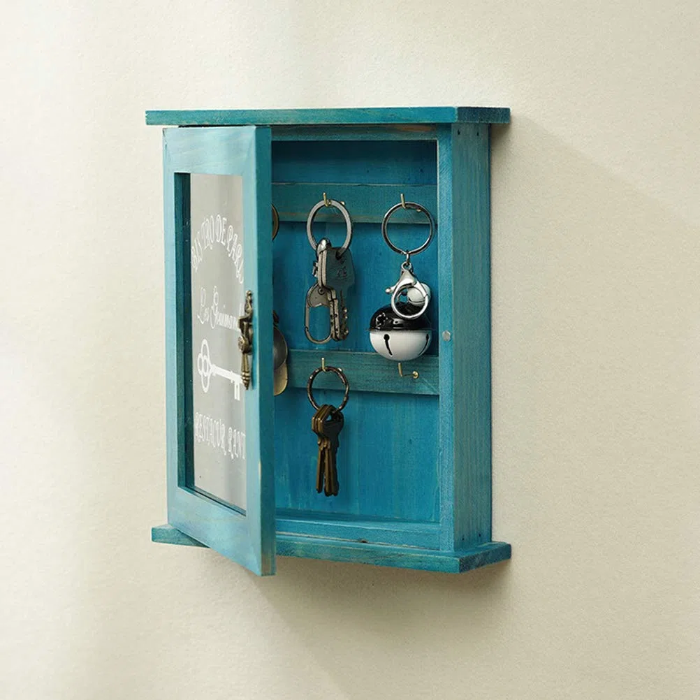 Pssopp Caja Porta Llaves de Madera para Montaje en Pared, Gabinete Organizador, Azul