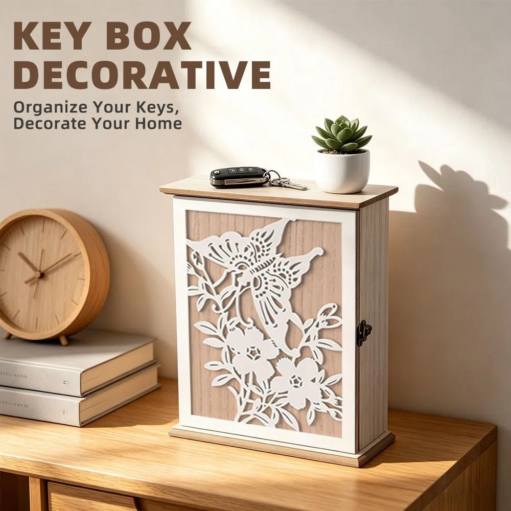 Caja Llaves Pared Madera con Motivo de Mariposas y Flores,Caja Llaves Pared Decorativa para Entrada,Dormitorio,Pasillo,Blanco,28 x 22 x 7 cm