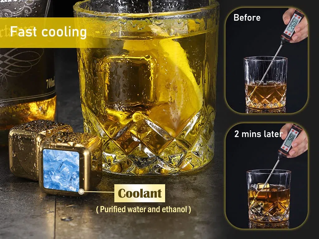 Cubitos de Hielo Acero Inoxidable,16 Piezas Cubitos Hielo Reutilizables Acero Inoxidable Oro,Cubitos de Hielo Reutilizables + Abrazaderas e Bolsa,para Whisky,Vodka,Licor,Vino,Jugo de Bebida