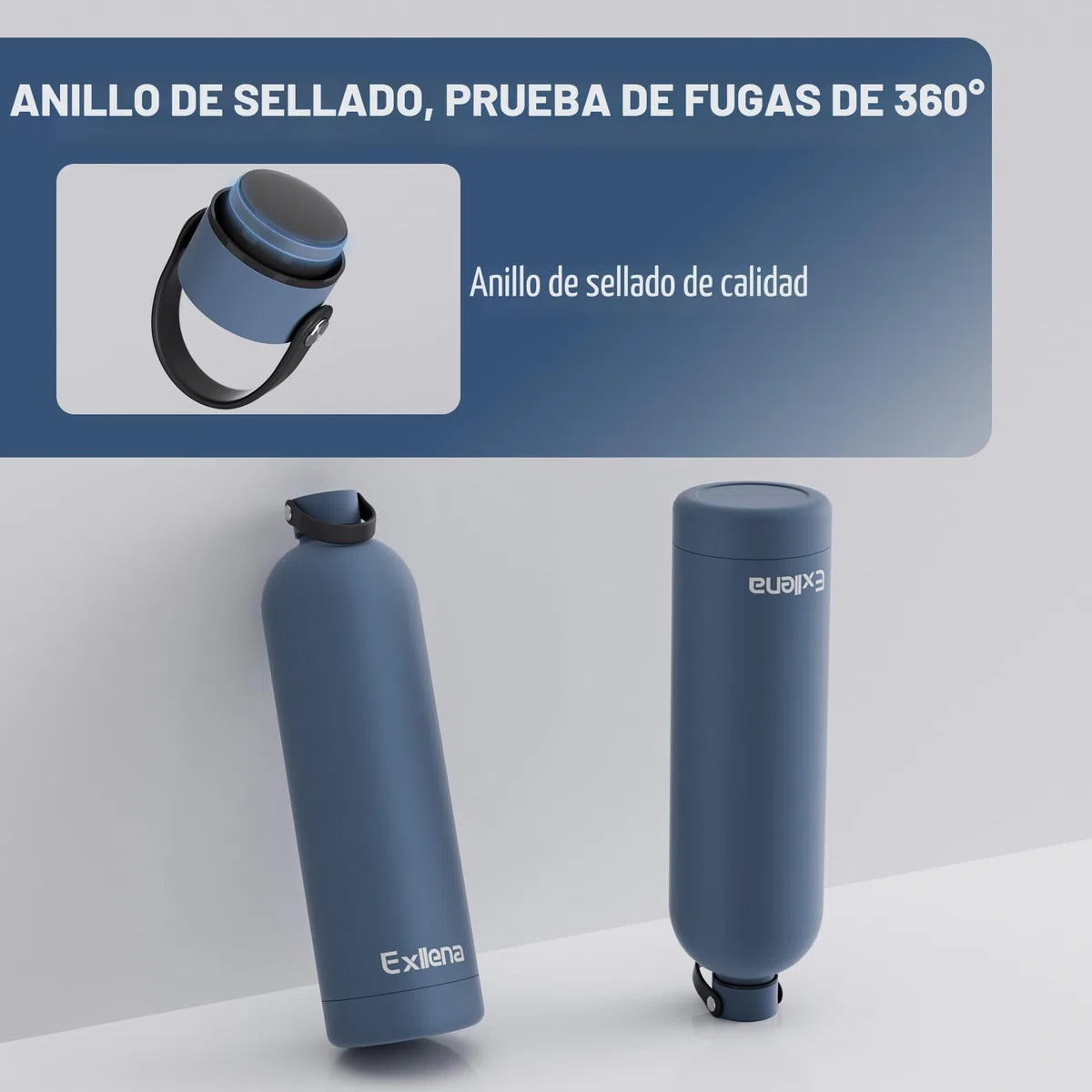 Exllena Botella Térmica 1.5 Litros – Botella Agua Acero Inoxidable 304, Botella Acero para Agua Fría y Caliente, 100% Estanco con Asa y Gancho – Ideal para Viajes, Gym y Exterior(Azul grisáceo)