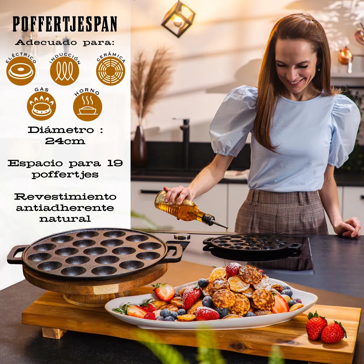 IRONO Sartén de Hierro Fundido para Mini Panquecas - Panquequera Pancakes - Sarten 19 Mini Panqueques, Poffertjes, Crepes,Tortitas