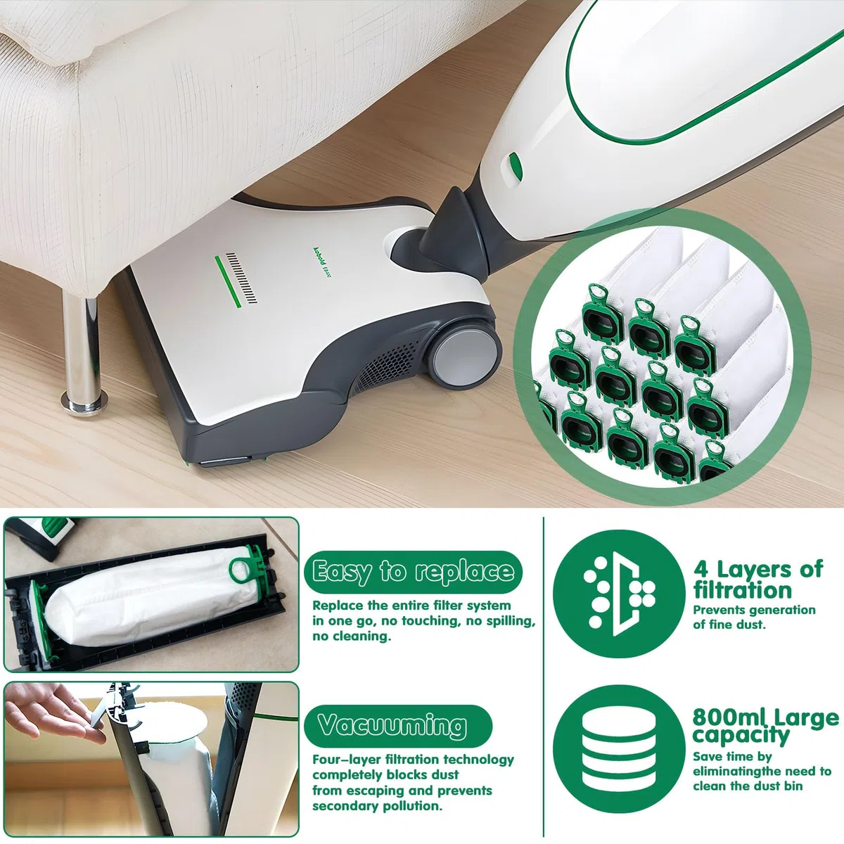 Paquete de 12 Bolsas para Vorwerk Kobold VB100 FP 100,Bolsas de Aspiradora,Bolsas Aspirador,Bolsas Eliminación con 4 Filtros de ProteccióN Del Motor, 2 Cepillar