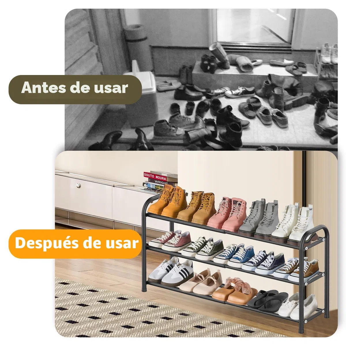 Zapatero Extensible de 3 Niveles, Estanteria Zapatos de Metal Ajustable de 43-78 cm, Shoe Rack Zapateras para 6-12 Pares de Zapatos, Zapatero para Armario Interior, Entrada, Baño, Puerta
