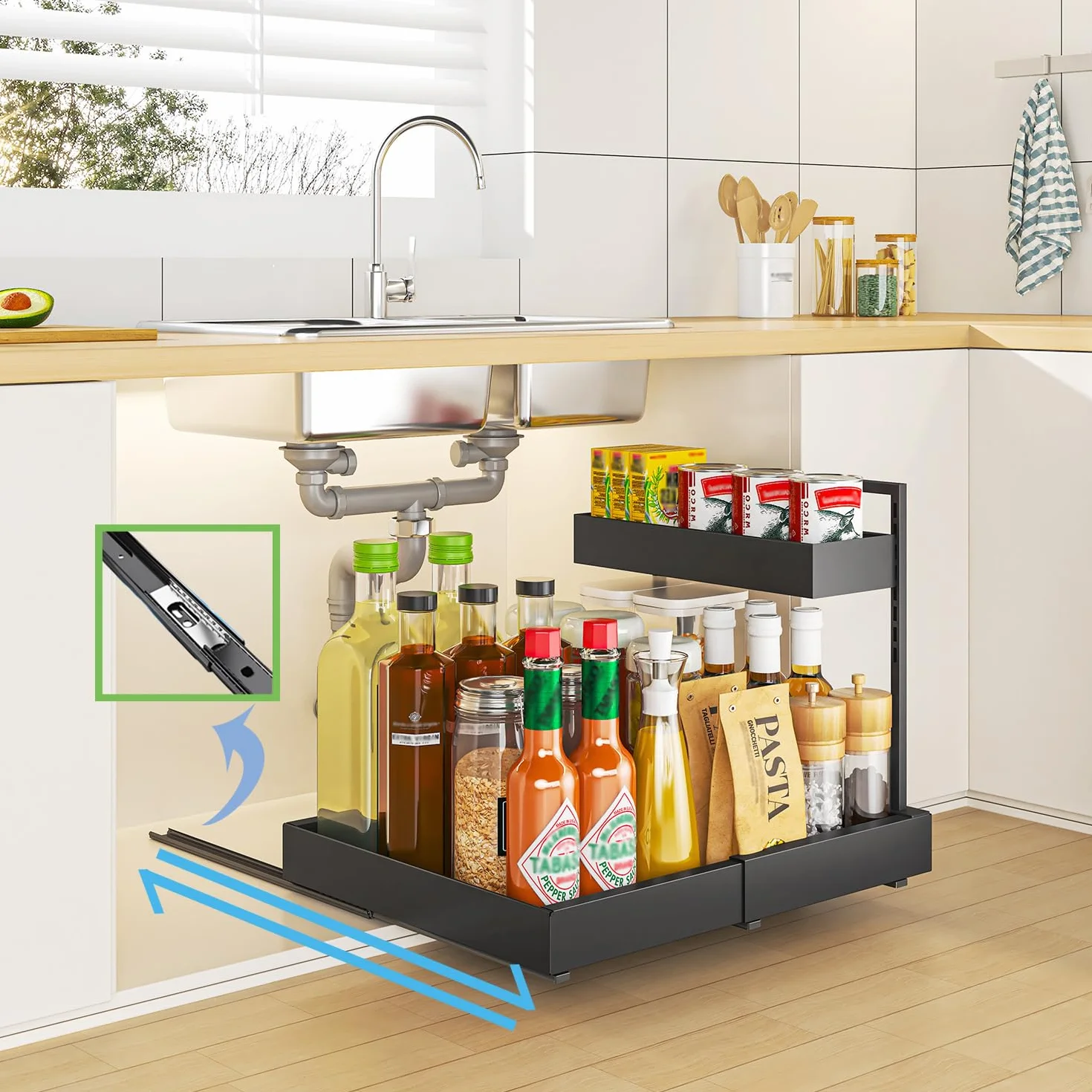 YunNasi Ampliable Organizador Bajo Fregadero, 2 Niveles Especieros para Cocina, Organizador Cocina, Cajonera Extraíble para Cocina, Baño, Armario, Alacena (Blanco)
