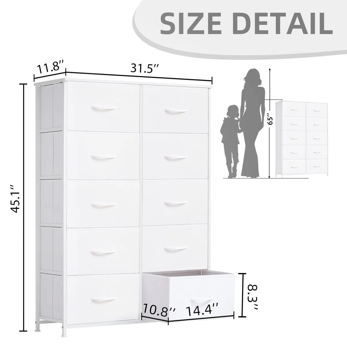 Somdot Comoda con Cajones de Tela, Cajonera Dormitorio, Armario para Salón, Estudio y Habitación Infantil, Gavetero, 30 Profundidad x 80 Ancho x 114,5 Alto (10 Cajones), Blanca