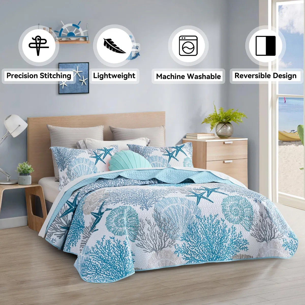 Tritard Juego de edredón costero de 3 piezas tamaño matrimonial/queen, edredones reversibles de microfibra con 2 fundas de almohada, ropa de cama de playa, colcha náutica, edredón de verano para todas