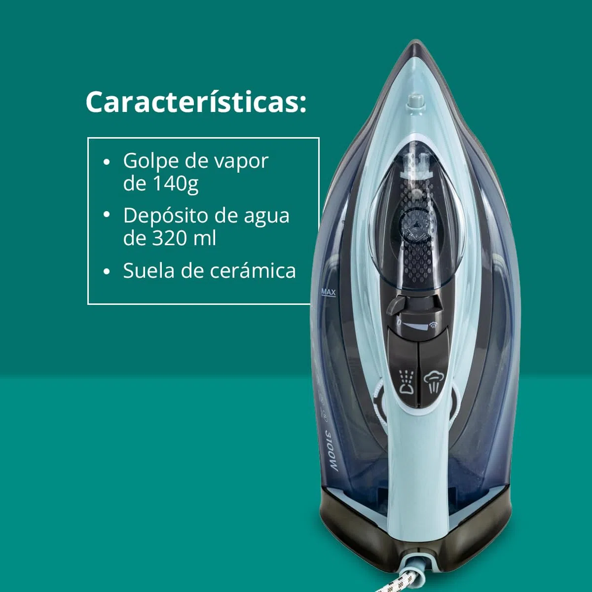 KUBO - Plancha de ropa a vapor - Suela de Cerámica - Golpe de Vapor 140g - Función de Autolimpieza - Depósito de Agua 320 ml - Potencia 3100W