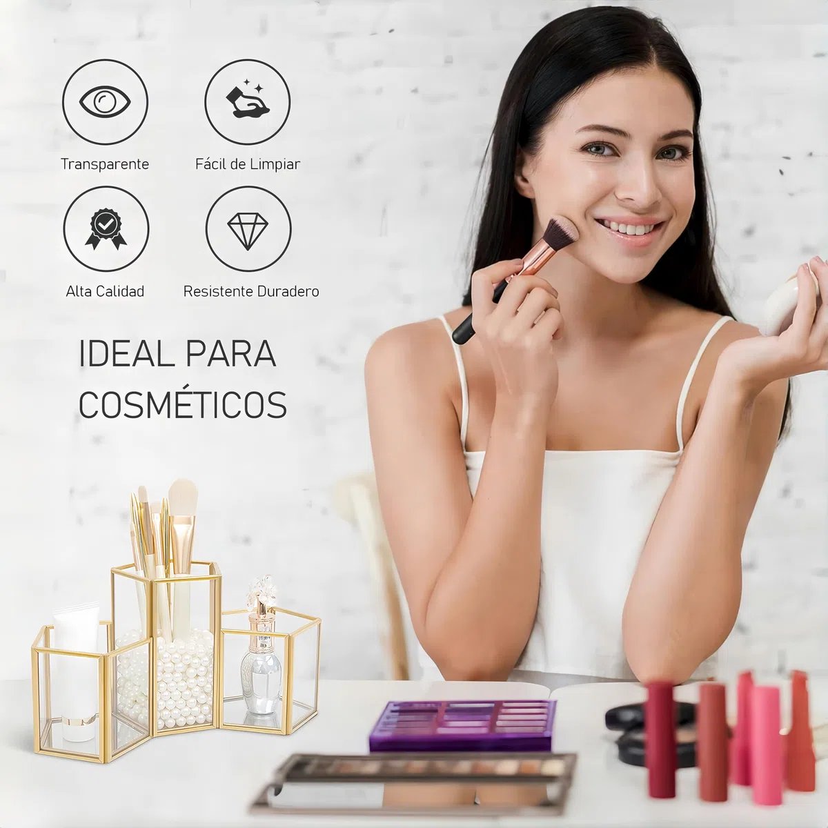 HARLIANGXY Soporte para brochas de Maquillaje Vidrio, Organizador de cosméticos, Organizador de maquillaje, Recipiente para Brochas de Maquillaje, Almacenamiento de Cosméticos Dorado