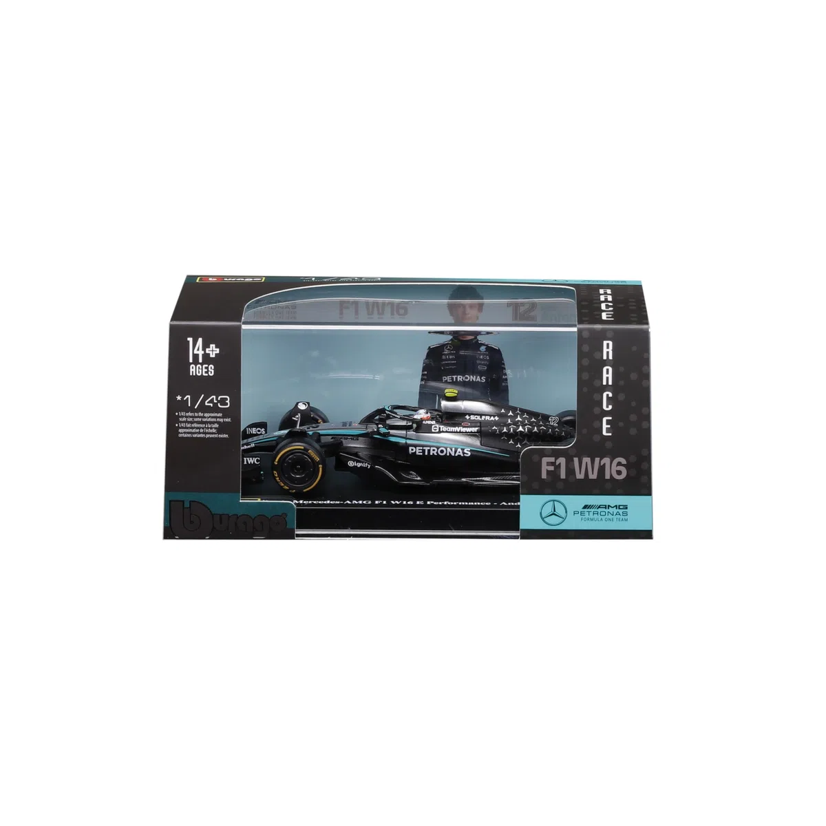 Bburago - Mercedes-AMG W16 2025#12 Antonelli, Coche diecast a Escala 1:43 con Vitrina de exposición, réplica Detallada del F1 Mercedes, Base incluida, Licencia Oficial, Edad Recomendada 14+ años