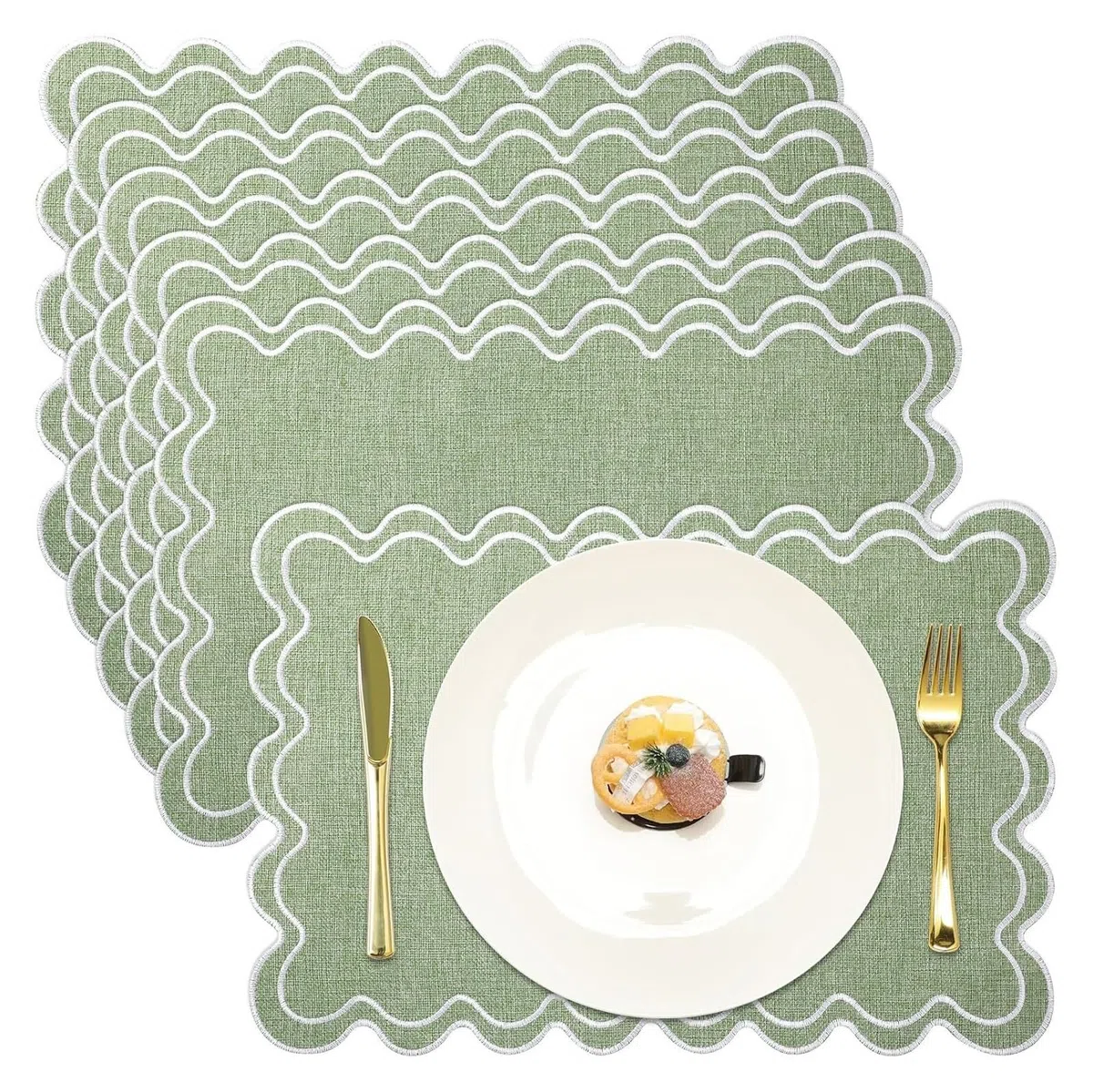 Manteles individuales de lino y algodón, manteles individuales con bordado ondulado festoneado de 13x19 pulgadas, manteles rectangulares rústicos lavables for mesa de cena for Cocina(Green,STRIP_6PCS)