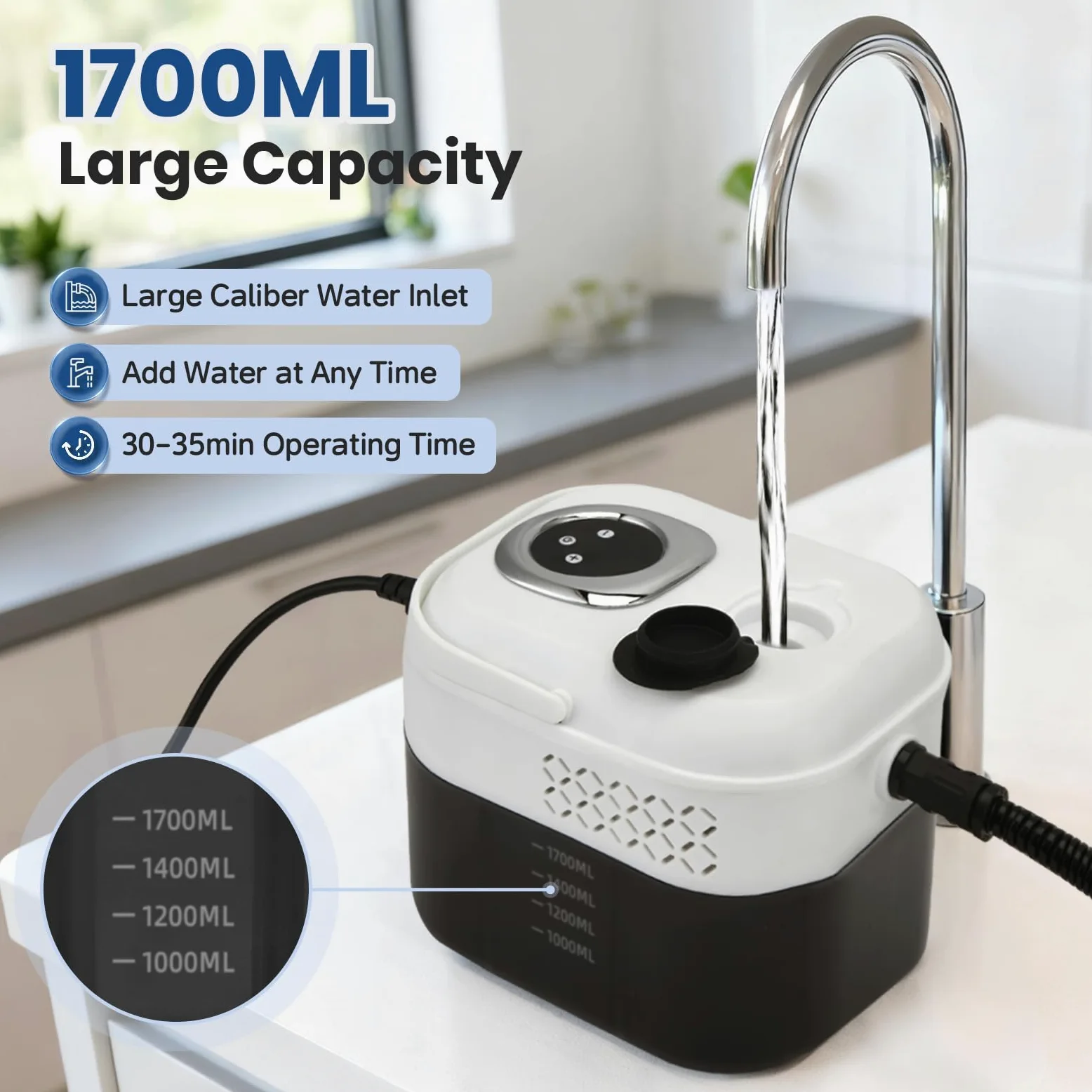 Limpiador de Vapor, 2500W Limpiador de Vapor Alta Presión de Mano con Depósito 1700ml, Tiempo Calentamiento 15 Segundos, 6 Niveles Vapor para Cocina, Baño, Sofá, Coche, Suelos