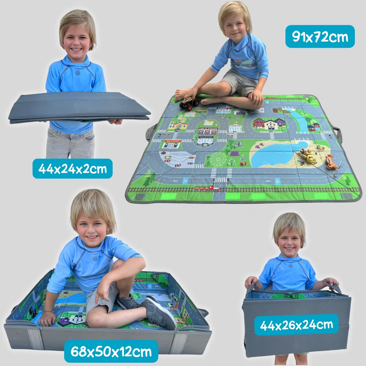 HECKBO Organizador de coche y alfombrilla de juegos 4 en 1 - Caja para guardar juguetes infantiles - Alfombrilla de juegos plegable con motivos callejeros - Fijación segura en el coche, 91cm x 72cm