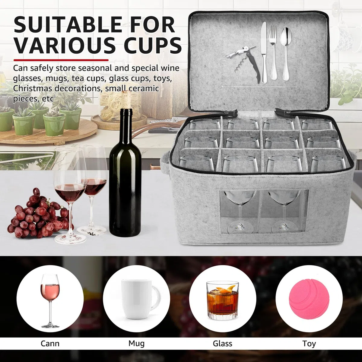 Caja de almacenamiento para copas de vino, organizador con 12 compartimentos y asa, ventana transparente, caja de cartón para 12 copas de vino, copas de vino tinto, copas de champán, copas