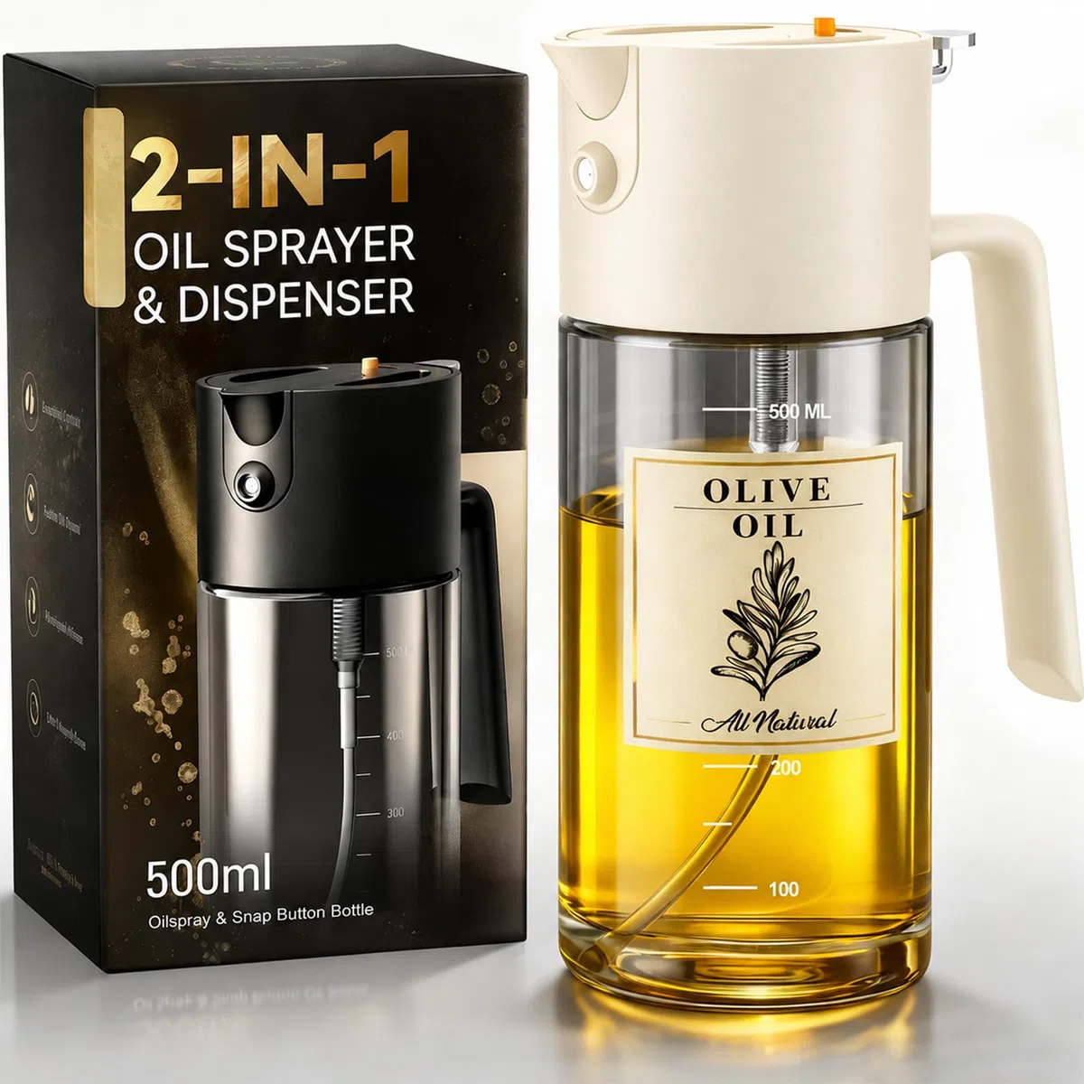 Pulverizador de aceite para cocinar, botella dispensadora de aceite de oliva 2 en 1 para cocinar, pulverizador de aceite de oliva de vidrio de 17 onzas, patentado, spray continuo con control de