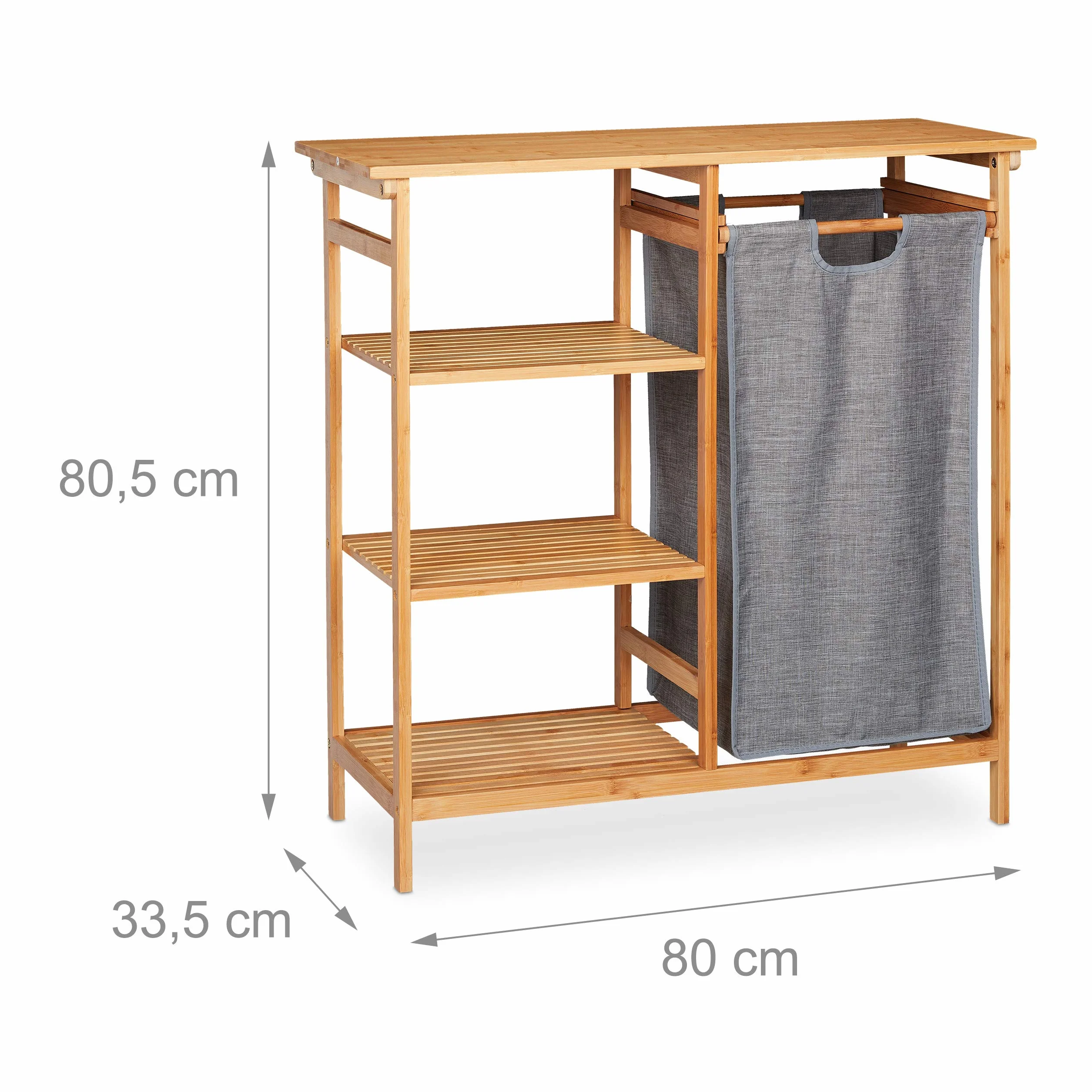 Relaxdays Estantería Baño con Cesto Ropa Sucia Abatible, Armario Bambú, Saco Textil, 80,5x80x33,5 cm, Natural y Gris