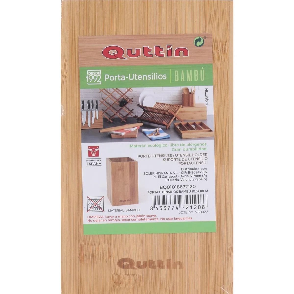 Quttin | Bote para Utensilios de Cocina en Bambú Natural Soporte Organizador de 10,5 x 10,5 x 18 cm | Bote Utensilios Cocina Elegante y Duradero Ideal para Almacenar Cucharas, Espátulas y Más