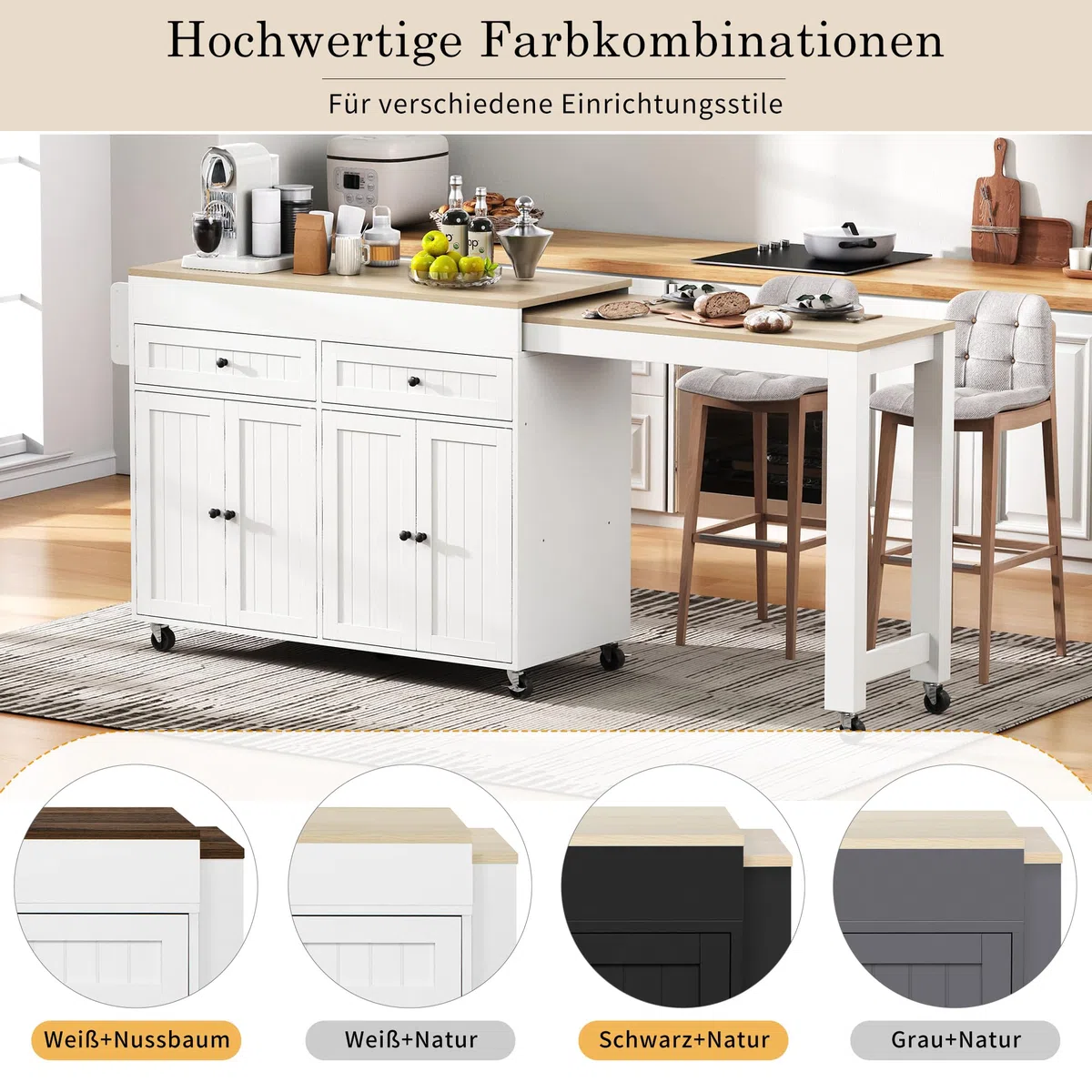 Merax Isla de cocina ultramoderna con espacio de almacenamiento, mesa de bar extensible con encimera, isla de cocina con ruedas, 2 cajones, 2 armarios y estante para especias, carrito de cocina móvil