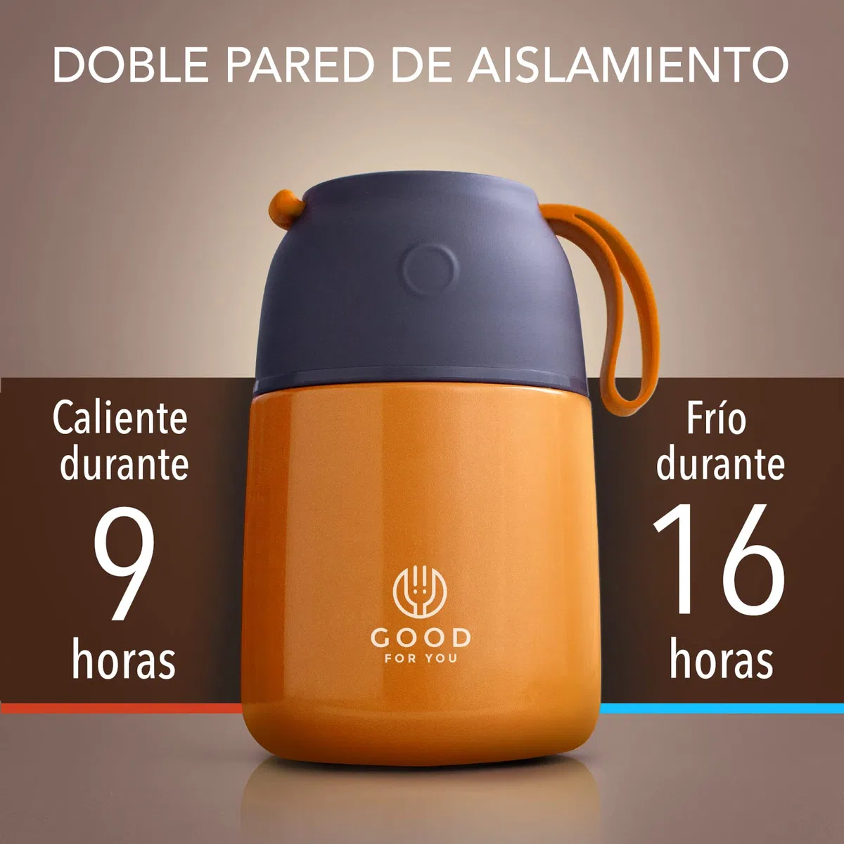 GOOD FOR YOU - Termo de 530ml | Jarra térmica de metal con doble aislamiento para comida, café, agua, etc. Fiambrera bebé, niños, oficina, camping | Con cuchara, color Naranja